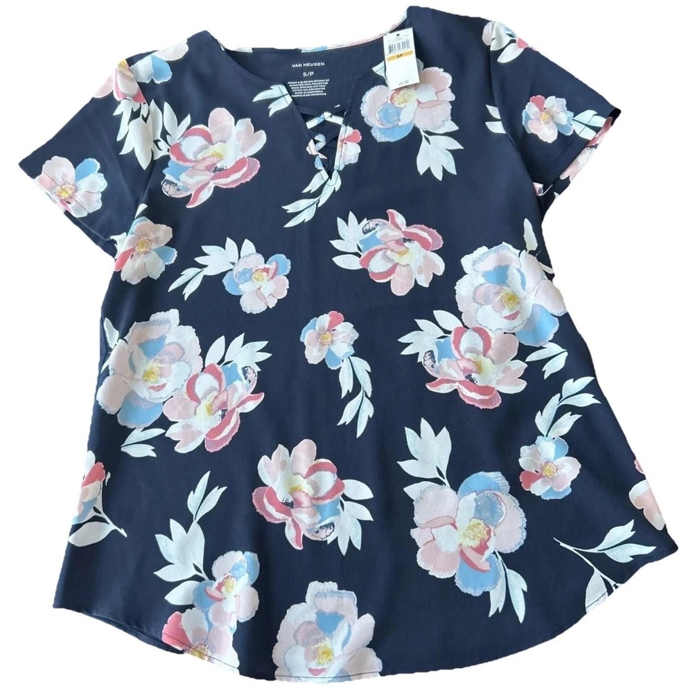 New Women's Van Heusen Top S Navy Pink Floral V Criss Cross Neck SS Layering